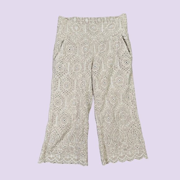 Sundance Linen Cotton Beige Eyelet Cropped Wide Leg Pants Women's Size Medium - Picture 2 of 6